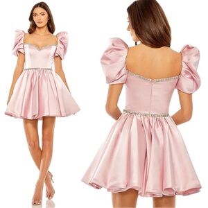 Mac Duggal 20688 Beaded Top Puff Sleeve Mini Dress Size 8 NWT Blush Baby Pink
